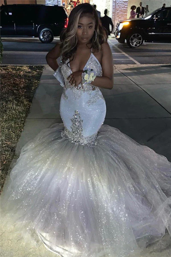 Mermaid Deep V-neck Halter Floor Length Tulle Paillette Beading Prom Dress - Image 3