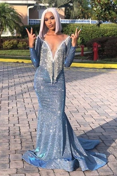 Mermaid Transparent Deep V-neck -Round Collar Floor Length Sequin Fringe Prom Dress - Image 5