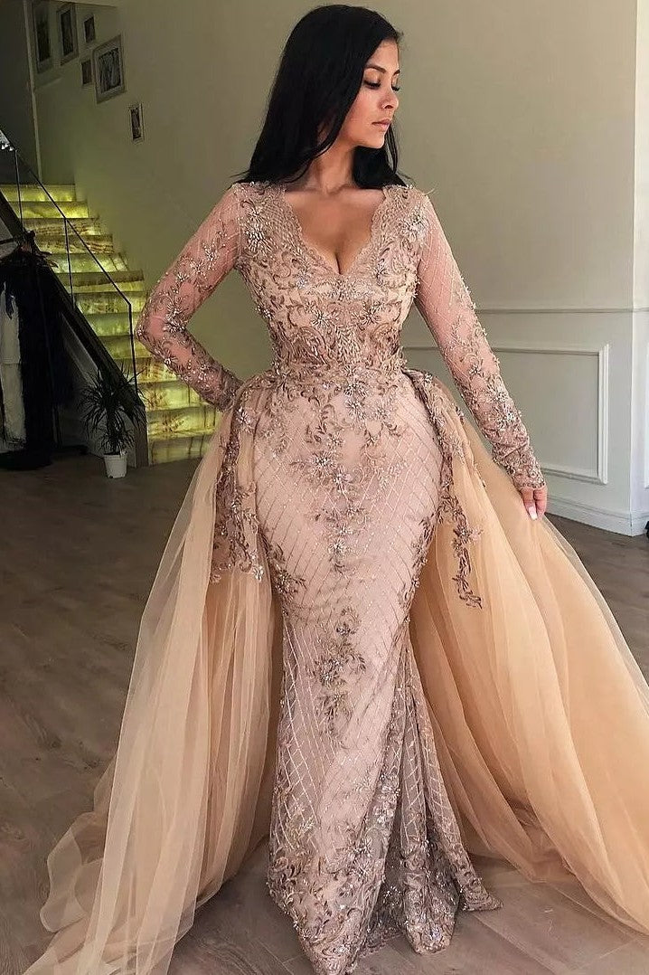 Mermaid V-neck Long Sleeve Floor Length Tulle Embriodery Prom Dress - Image 3