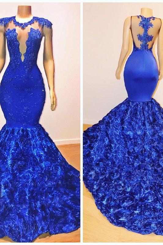 New Arrival Royal-Blue Flowers Mermaid Sleeveless With lace Appliques Prom Dresses - Image 5